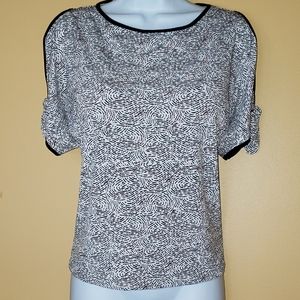 Ivanka Trump Cold Shoulder Top in Pink Gray White Black & Copper Trim XS Cropped